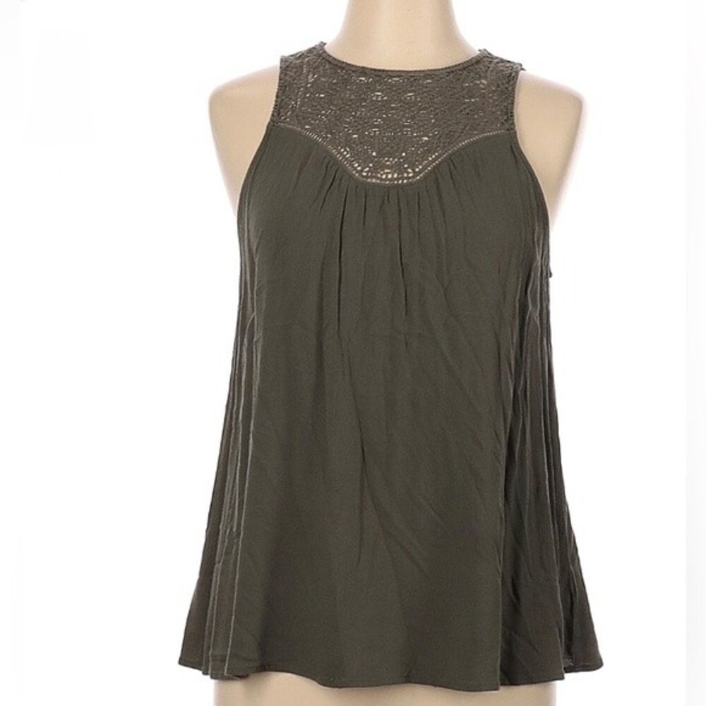 Army green crotched lace yoke top size medium